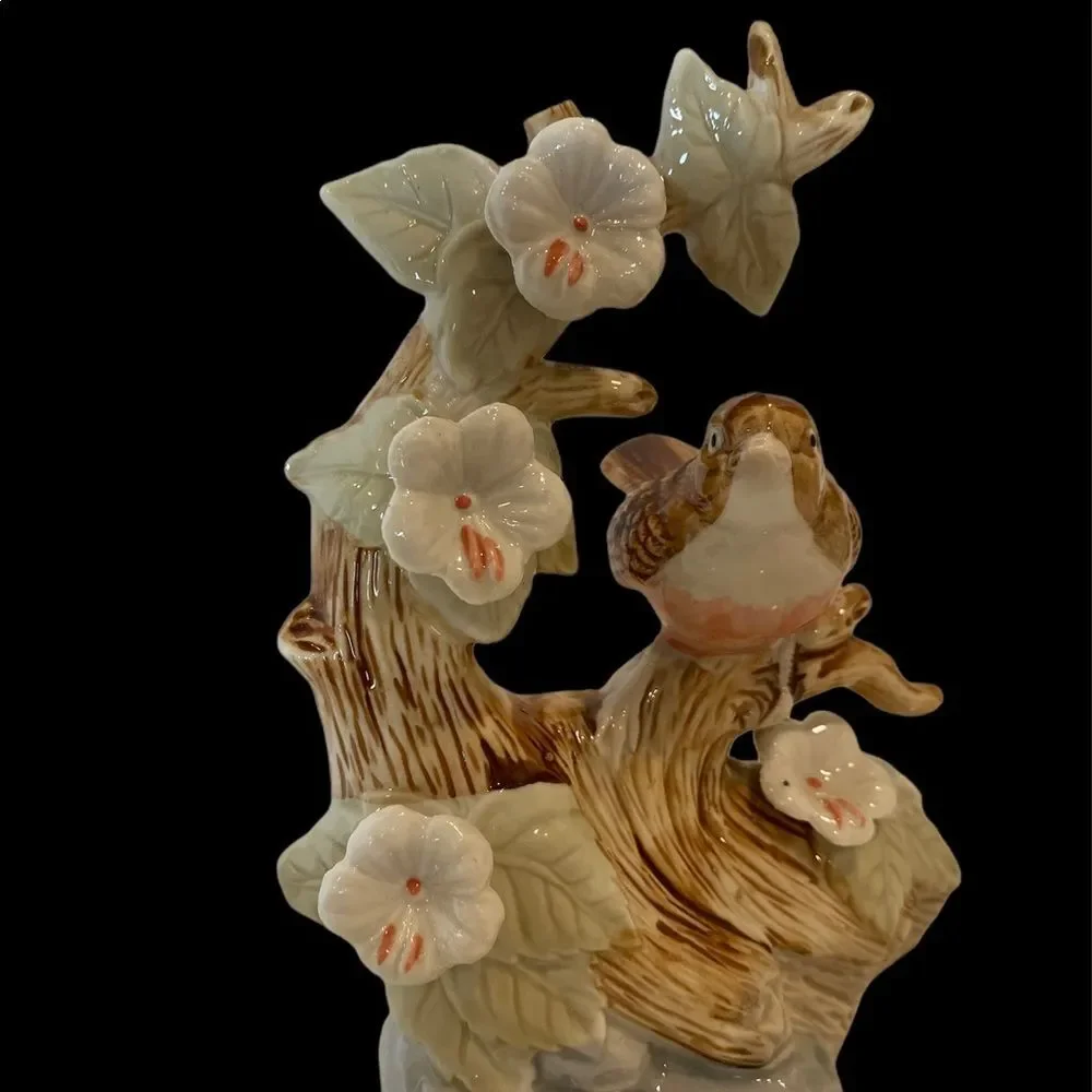 Collectible high gloss ceramic porcelain bird on perch surrounded by Holly Hocks - Picture 13 of 15